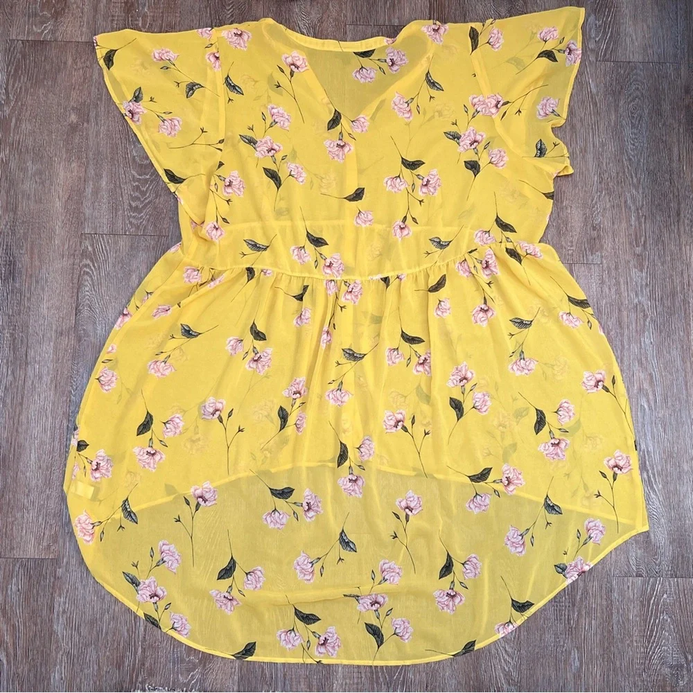 Torrid Floral Chiffon Hi-Low Babydoll Top Yellow Flutter Sleeve | Size: 5 - Picture 5 of 8